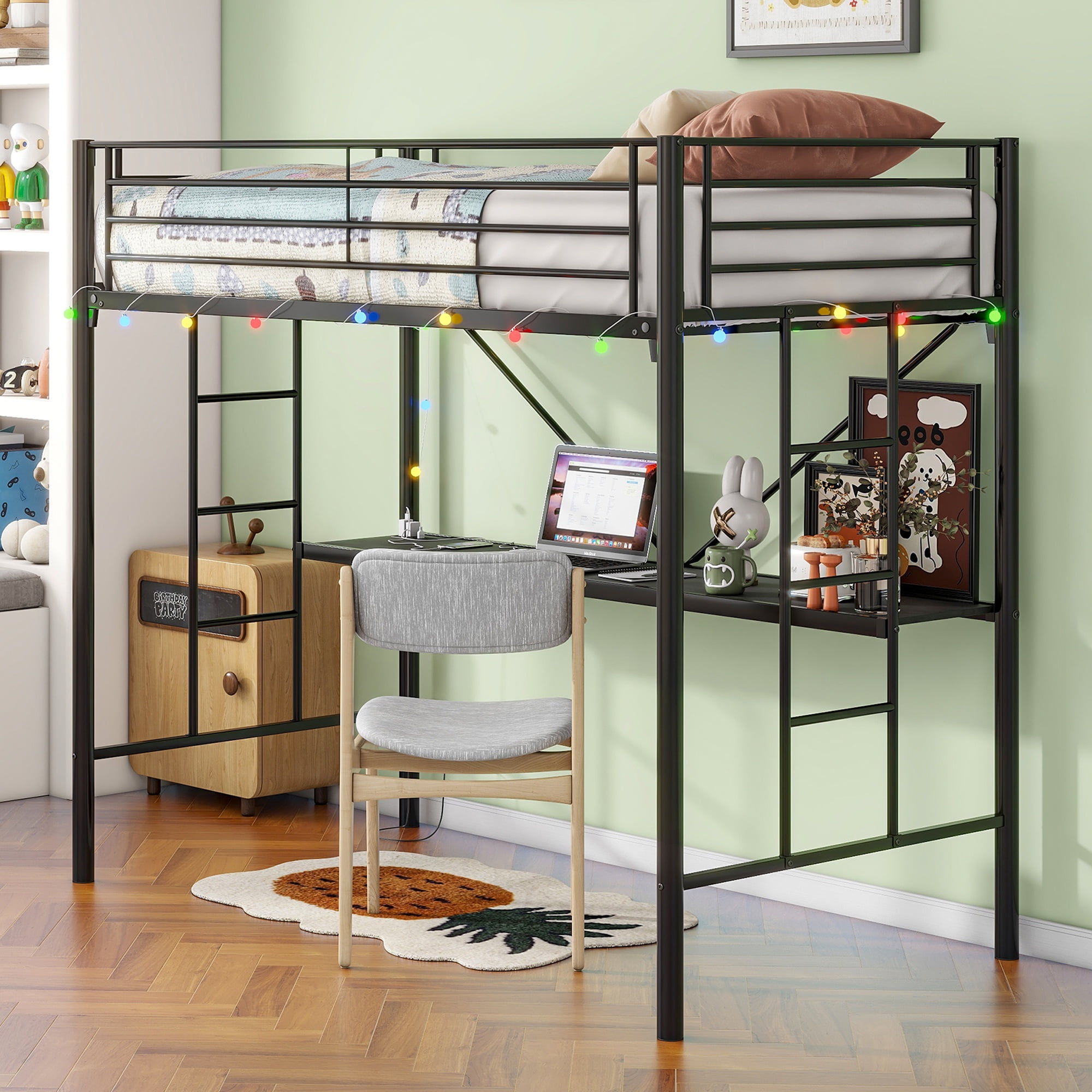 uhomepro Full Loft Bed with Desk, 4 Shelves, Space-Saving Frame ...