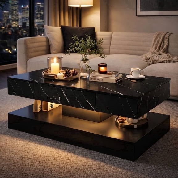 UHOMEPRO Black LED Coffee Table with Storage Drawers, Modern High Gloss Center Table with RGB LED Lights, 2-Tier Rectangle Design with Marbling Print for Living Room, Black
