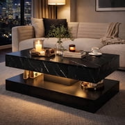 UHOMEPRO Black LED Coffee Table with Storage Drawers, Modern High Gloss Center Table with RGB LED Lights, 2-Tier Rectangle Design with Marbling Print for Living Room, Black