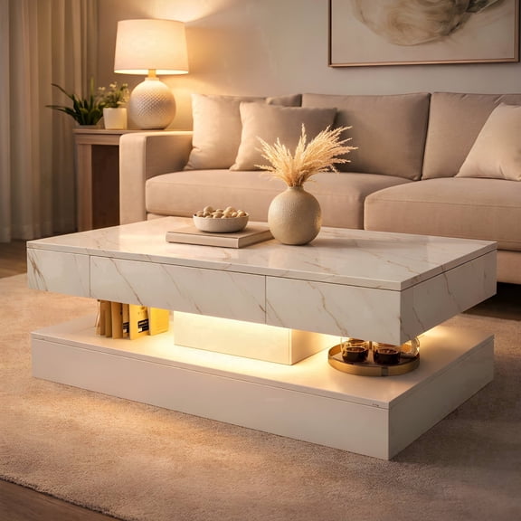 UHOMEPRO LED Coffee Table with Storage Drawers, High Gloss Center Table with Open Display Shelf, 2-Tier Rectangle Design with Marbling Print for Living Room, White