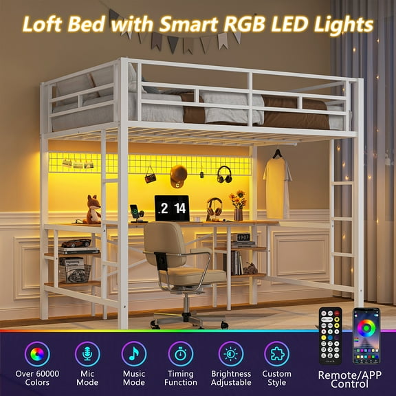 Loft Bed Twin Size with Desk, UHOMEPRO Metal Loft Bed with 4 Storage Shelves, Power Outlet, LED Lights, DIY Mesh, Clothes Rail, Safety Guardrail and 2 Ladders, Loft Bed for Teen Adult, White
