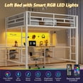 thumbnail image 1 of UHOMEPRO Modern Full Loft Bed with Desk, Metal Loft Bed with 4 Storage Shelves, Smart LED Lights, Charge Station, DIY Mesh, Clothes Rail, Bilateral Ladders and Safety Guard Rails, White, 1 of 14