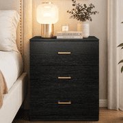 UHOMEPRO Nightstand, Modern 3 Drawer Nightstand, Black Nightstand with Gold Handle, Wooden Side Table Storage Cabinet Unit for Bedroom/Living Room/Small Space