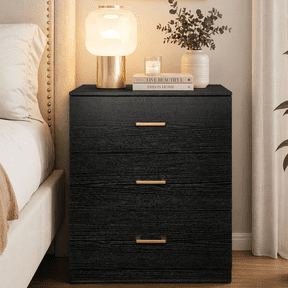 UHOMEPRO Nightstand, Modern 3 Drawer Nightstand, Black Nightstand with Gold Handle, Wooden Side Table Storage Cabinet Unit for Bedroom/Living Room/Small Space