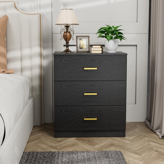 UHOMEPRO Nightstand, Modern 3 Drawer Nightstand, Black Nightstand with Gold Handle, Wooden Side Table Storage Cabinet Unit for Bedroom/Living Room/Small Space