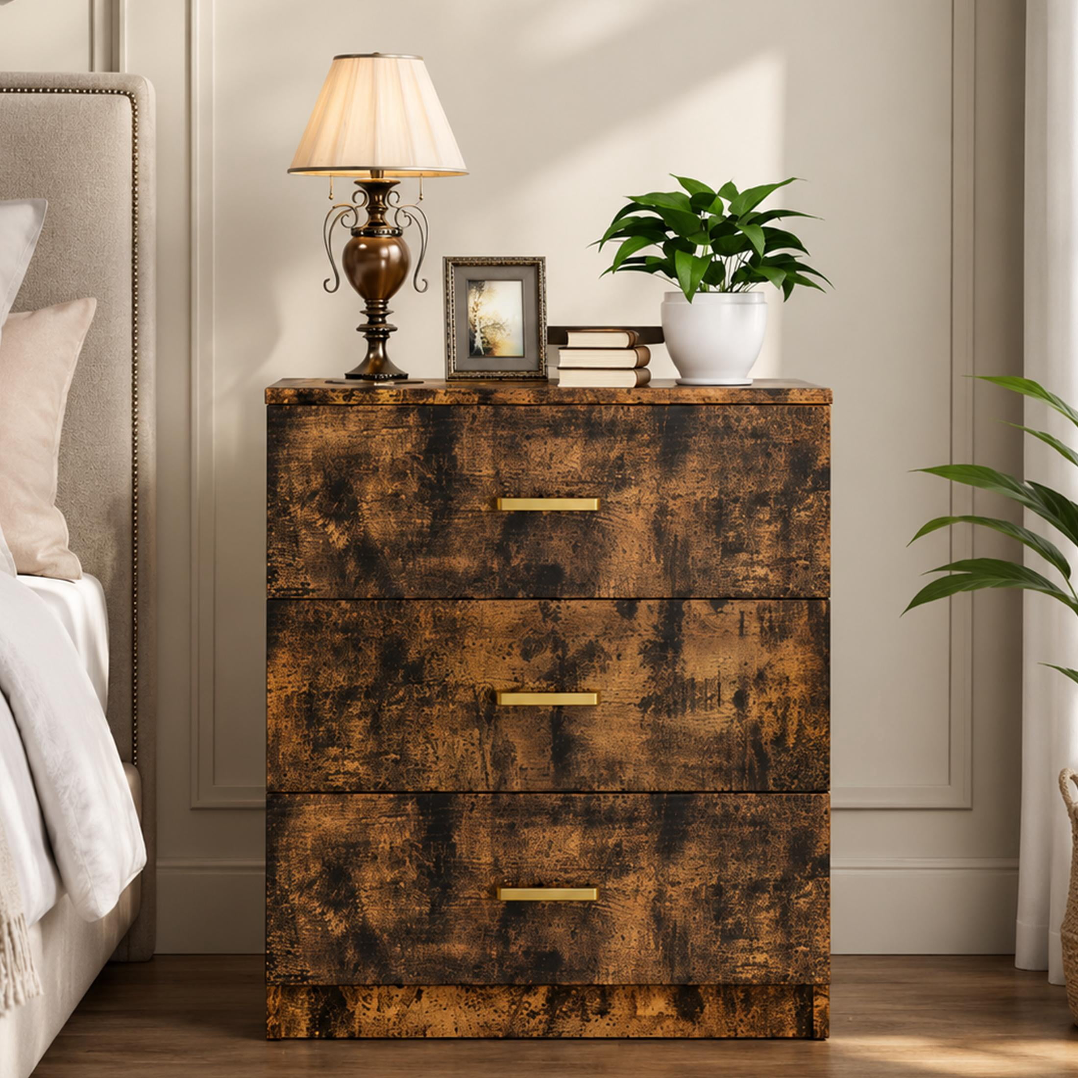 UHOMEPRO Nightstand, Modern 3 Drawer Nightstand, Brown Nightstand with Gold Handle, Wooden Bedside Storage Cabinet Unit for Bedroom/Small Space