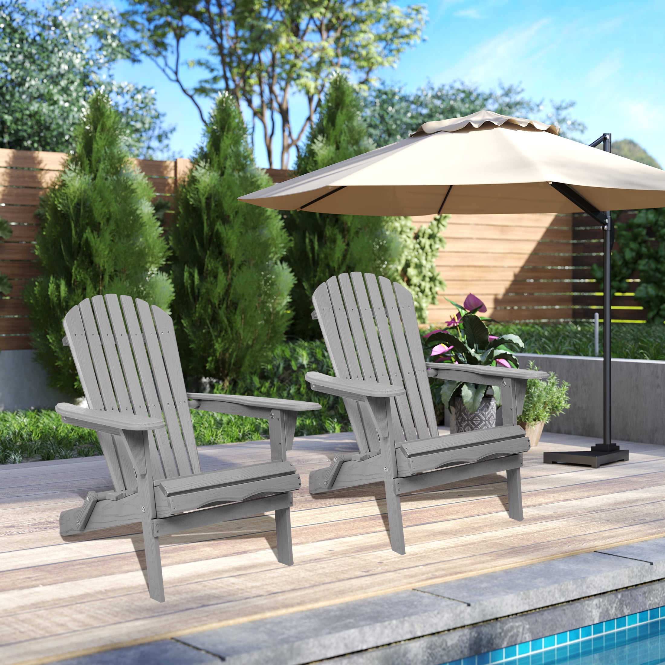 UHOMEPRO Outdoor Adirondack Chairs Set of 2, Weather Resistant Patio Lawn Chair, Wooden Folding Fire Pit Chairs for Outside Deck Garden Backyard Balcony, Patio Furniture Set Lounge Chairs, Gray B