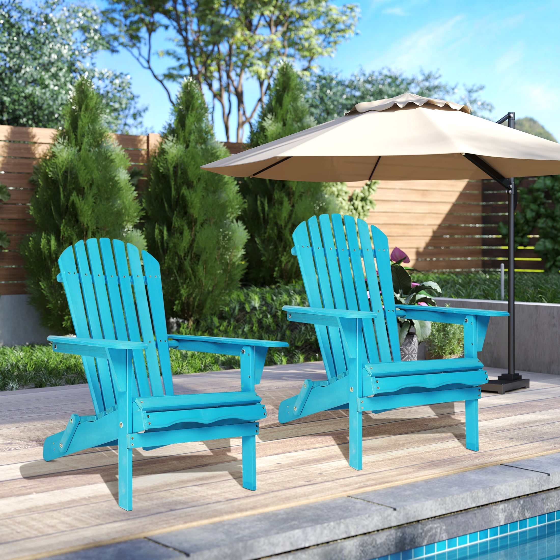 UHOMEPRO Outdoor Adirondack Chairs Set of 2, Weather Resistant Patio Lawn Chair, Wooden Folding Fire Pit Chairs for Outside Deck Garden Backyard Balcony, Patio Furniture Set Lounge Chairs, Blue