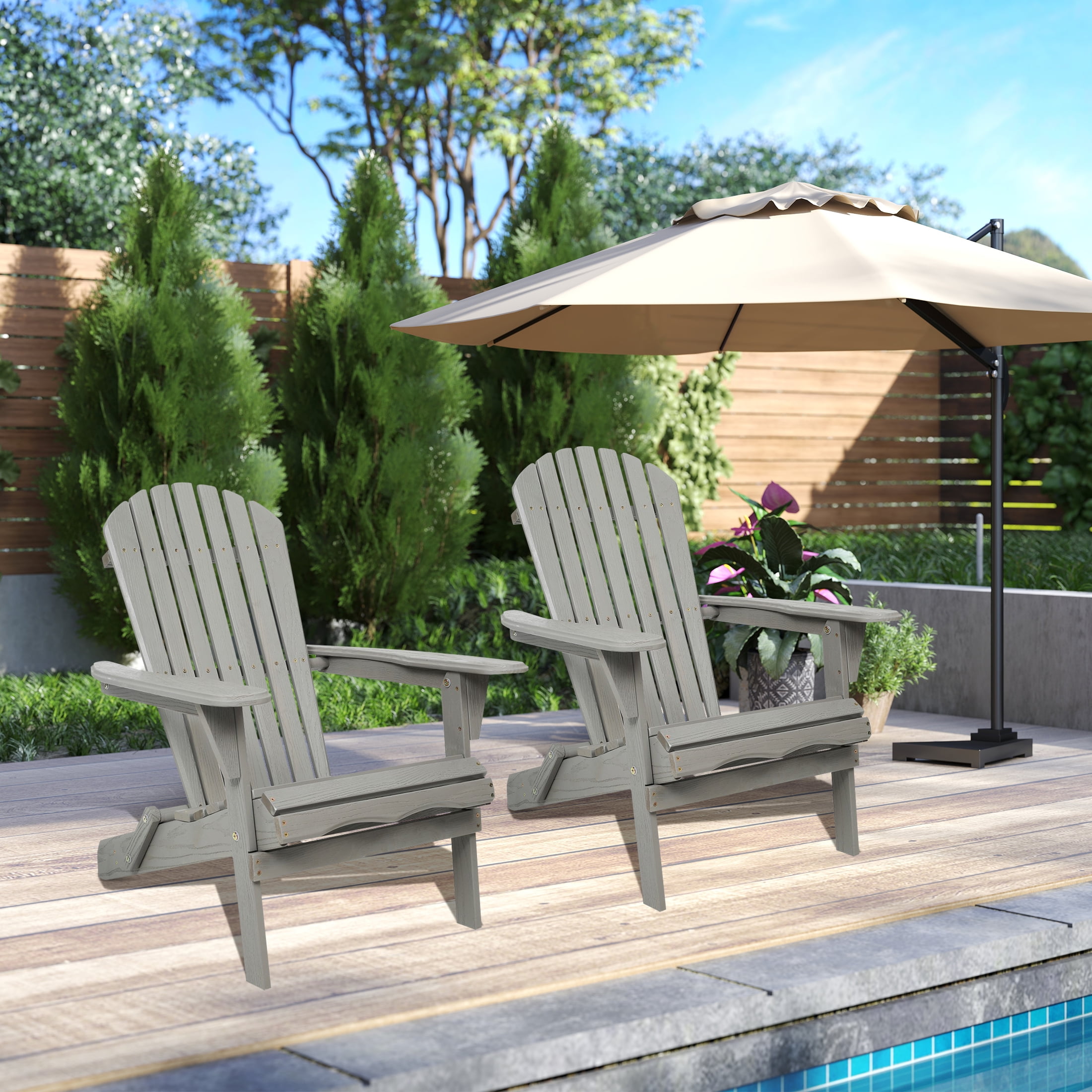 UHOMEPRO Outdoor Adirondack Chairs Set of 2, Weather Resistant Patio Lawn Chair, Wooden Folding Fire Pit Chairs for Outside Deck Garden Backyard Balcony, Patio Furniture Set Lounge Chairs, Gray