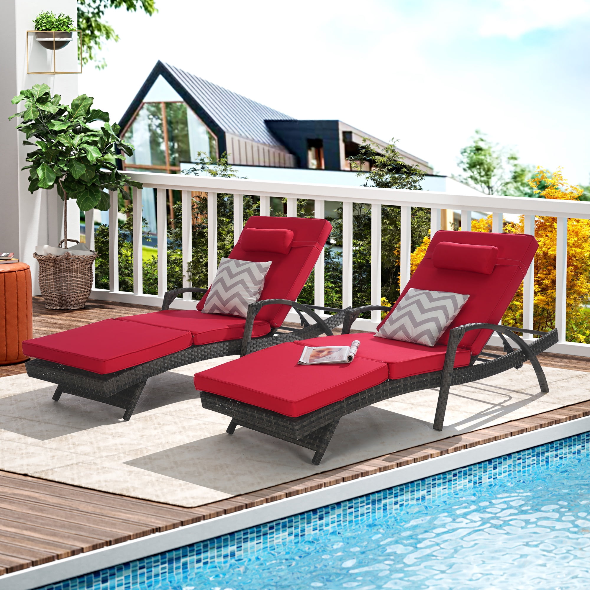 UHOMEPRO Outdoor Chaise Lounge Chair Furniture Sets of 2, Rattan Patio ...