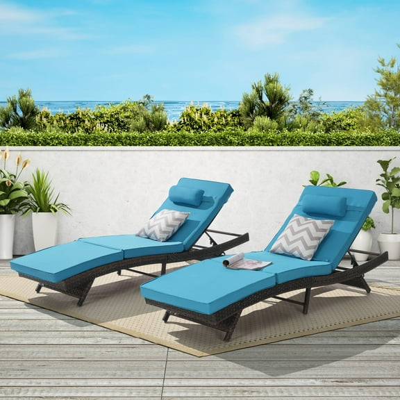 UHOMEPRO Outdoor Chaise Lounge Set of 2, All-Weather Wicker Long Reclining Chair, Patio Lounger Recliner for Poolside, Patio, Backyard, Max Weight 600 lbs | Waterproof | Easy to Assemble, Blue