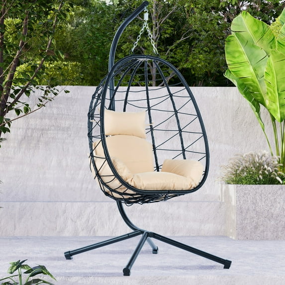 UHOMEPRO Outdoor Egg Chair, Patio PE Wicker Swing Egg Chair with Stand, Cushion and Headrest, All-Weather Rattan Hanging Basket Chair Hammock Chair for Home Bedroom Patio Balcony, Beige