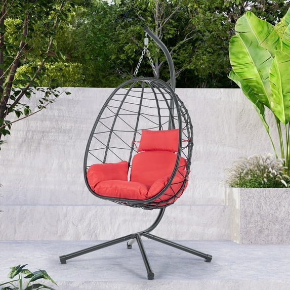 UHOMEPRO Outdoor Egg Chair, Patio PE Wicker Swing Egg Chair with Stand, Cushion and Headrest, All-Weather Rattan Hanging Basket Chair Hammock Chair for Home Bedroom Patio Balcony, Red