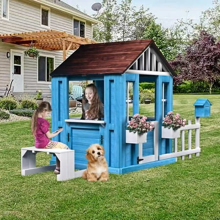 COCLUB Outdoor Playhouse for Kids Ages 3-8, Wooden Play House with Picnic Bench, Mailbox, Fence, Flowerpot Holders, Cottage Playhouse for Backyard, Garden, Patio, Gift for Boys, Girls