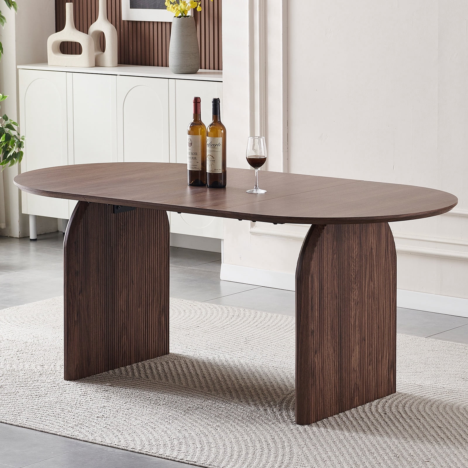 UHOMEPRO Oval Dining Table, Modern Single Kitchen Table with Double-Column Design, Wood Dining Room Table for Dining Room, Kitchen, Living Room, Brown