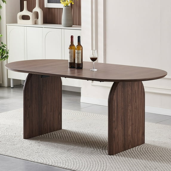 UHOMEPRO Oval Dining Table, Modern Single Kitchen Table with Double-Column Design, Wood Dining Room Table for Dining Room, Kitchen, Living Room, Brown