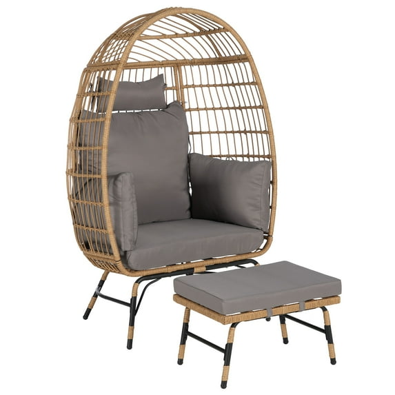 UHOMEPRO Oversized Wicker Egg Chair with Ottoman, Outdoor Patio Lounge Chair with Thick Cushions, Outdoor Indoor Large Rattan Egg Chair for Bedroom Patio Balcony Front Porch Garden, Dark Gray