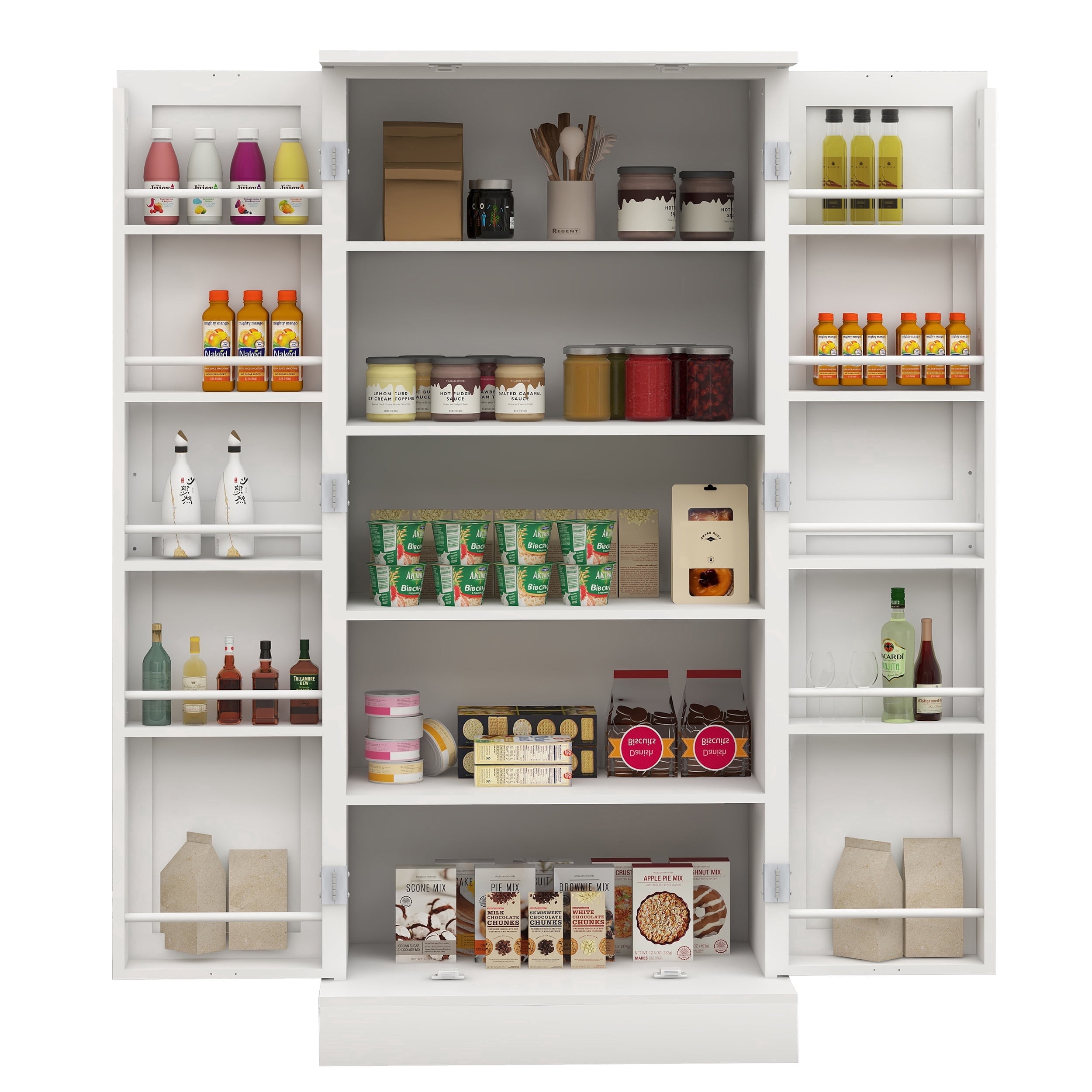 Pantry Cabinet, UHOMEPRO Kitchen Storage Cabinet with LED Light & Adjustable Shelves, 2 Barn Doors & 10 Door Shelves, Farmhouse Freestanding Food Pantry Cupboard for Dining Room Entryway, White