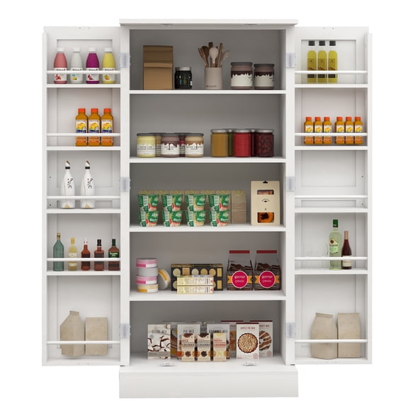 Pantry Cabinet, UHOMEPRO Kitchen Storage Cabinet with LED Light & Adjustable Shelves, 2 Barn Doors & 10 Door Shelves, Farmhouse Freestanding Food Pantry Cupboard for Dining Room Entryway, White