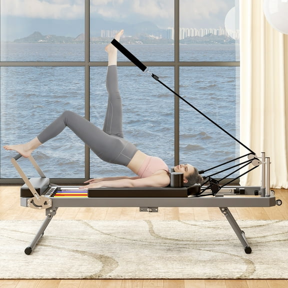 UHOMEPRO Pilates Reformer, Large size Foldable Pilates Core Bed for Home and Gym Workouts Equipment, Yoga Fitness Machine Suitable for Advanced and Beginners Users, Double Resistance, Black