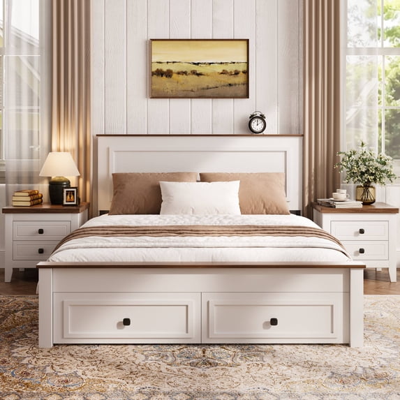 UHOMEPRO Full Size Bed Frame with 2 Drawers, 550LBS Heavy Duty Wood Platform Bed with Headboard, Noise-Free, Easy Assembly, No Box Spring Needed, White and Brown