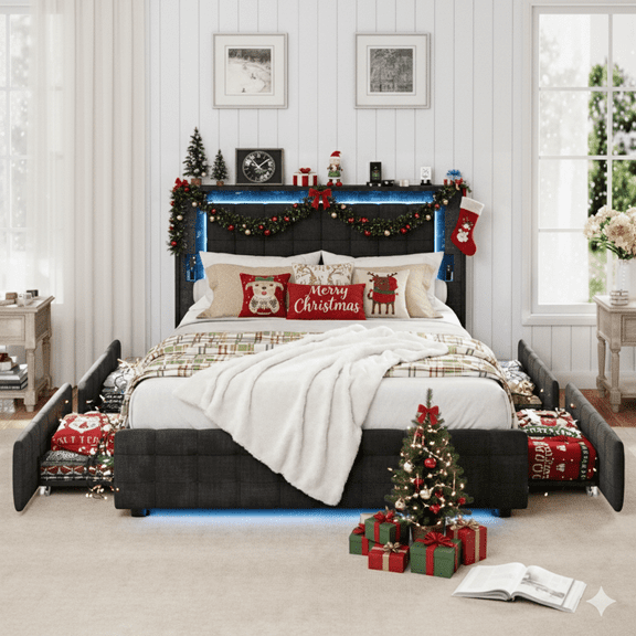 Full Bed Frame with 2 Drawers, UHOMEPRO Pine Wood Platform Bed Frame Storage Bed for Bedroom, Modern Full Size Bed Frame with Headboard, Wood Slats Support, No Box Spring Needed, White