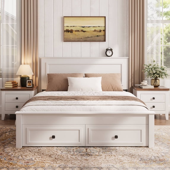 UHOMEPRO Full Size Bed Frame with 2 Drawers, 550LBS Heavy Duty Wood Platform Bed with Headboard, Noise-Free, Easy Assembly, No Box Spring Needed, White