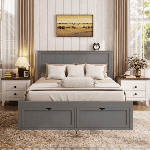 Full Size Bed Frame with Storage, UHOMEPRO Full Bed with Headboard and Under-Bed Storage Drawers, Easy Assembly Sturdy Platform Bed Frame, Space Saving, No Box Spring Needed