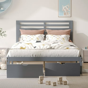 Full Bed Frame with 2 Drawers, UHOMEPRO Pine Wood Platform Bed Frame Storage Bed for Bedroom, Modern Full Size Bed Frame with Headboard, Wood Slats Support, No Box Spring Needed, Gray