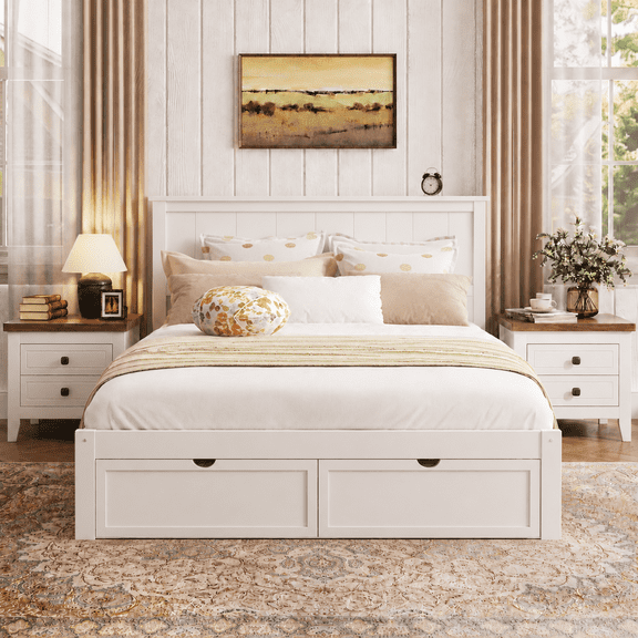 Full Size Bed Frame with Storage, UHOMEPRO Full Bed with Headboard and Under-Bed Storage Drawers, Easy Assembly Sturdy Platform Bed Frame, Space Saving, No Box Spring Needed, White