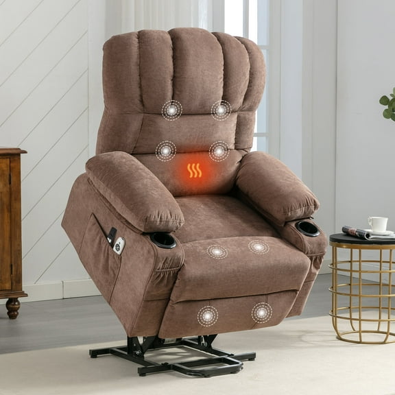 UHOMEPRO Power Lift Recliner Chair for Elderly, Electric Recliners with Heat and Massage& 8 Vibration Points, USB Charge Port, Infinite Position and Side Pockets for Livingroom, Fabric, Brown