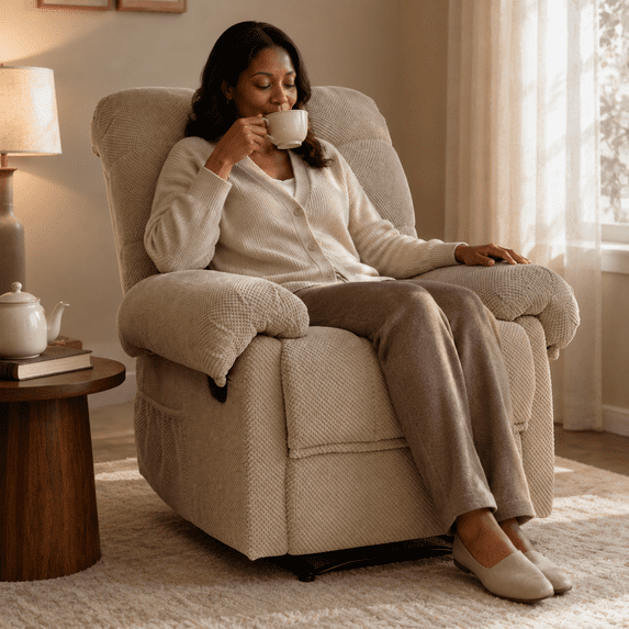UHOMEPRO Recliner Chair for Adults, Manual Recliner with Side Lever and Padded Footrest, Overstuffed Fabric Armchair with Side Pockets for Living Room, Reading and Small Spaces, Camel