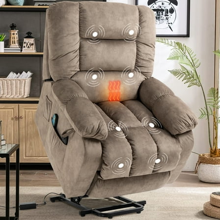 Power Lift Recliner Chair with Heat and Vibration Massage, UHOMEPRO Modern Fabric Elderly Electric Reclining Sofa with Remote Control and Side Pockets for Living Room Home Theater, Light Brown
