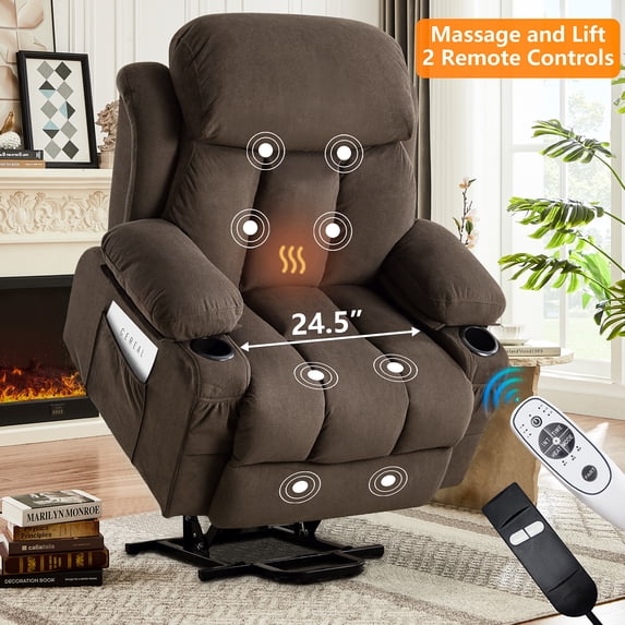UHOMEPRO Power Lift Recliner Chair for Elderly, Electric Lift Chair with Heat & Gentle Massage, Compact Size for Seniors, USB Port, 2 Cup Holders, Living Room Recliner, Brown