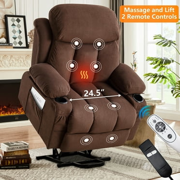 Power Lift Recliner Chairs with Massage and Heat, UHOMEPRO Electric Fabric Recliner Chair for Elderly, Living Room Furniture with USB Charge Port, 2 Cup Holders, and Side Pocket, Brown