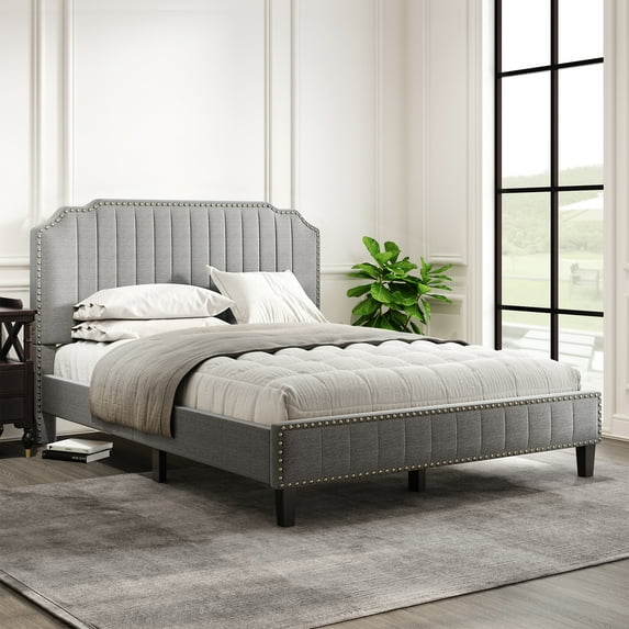 UHOMEPRO Queen Bed Frame, Modern Upholstered Platform Bed with Curved Upholstered Wingback Headboard, Nailhead Trim, Heavy Duty Queen Bed Frame with Wood Slat Support, No Box Spring Required, Q17774