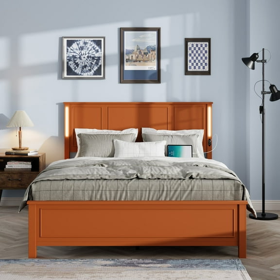 UHOMEPRO Queen Size Bed Frame with LED Light Bar Headboard, Wood Platform Bed Frame with USB and Type-C Ports for Bedroom, No Box Spring Needed, Easy Assembly, Orange