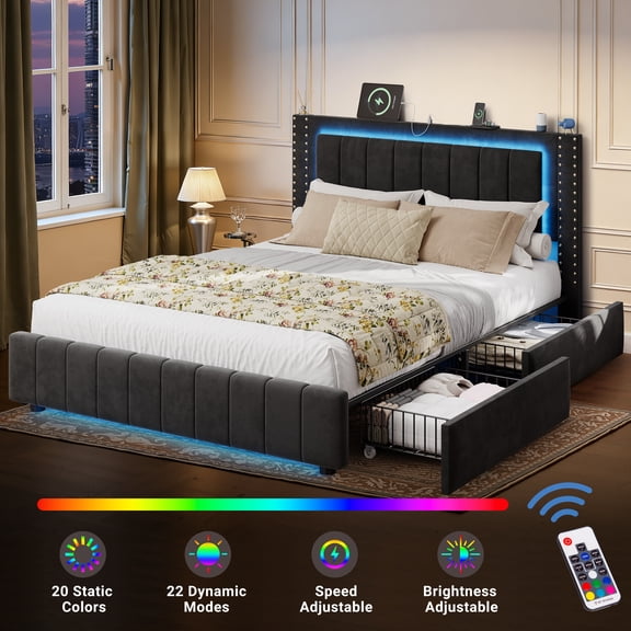 UHOMEPRO Queen Bed Frame with Storage Drawers and LED Headboard, Upholstered Platform Bed with USB Charging Station, Wood Slat Support, No Box Spring Needed