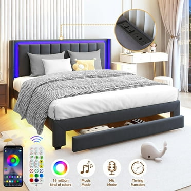 UHOMEPRO Queen Bed Frame, Upholstered Platform Bed Frame with LED Lights, Drawer, Charging Station, Fabric Platform Bed Frame for Bedroom, Wood Slats Support, No Box Spring Needed, Dark Gray