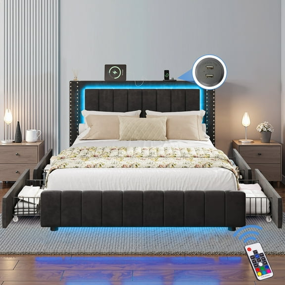 UHOMEPRO Queen Bed Frame with Storage Drawers and LED Headboard, Upholstered Platform Bed with USB Charging Station, Wood Slat Support, No Box Spring Needed