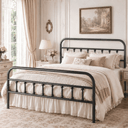 UHOMEPRO Queen Size Metal Bed Frame with Headboard and Footboard, Vintage Victorian Style Platform Bed Frame, No Box Spring Needed, Easy Assembly, Center Support Bar, Black