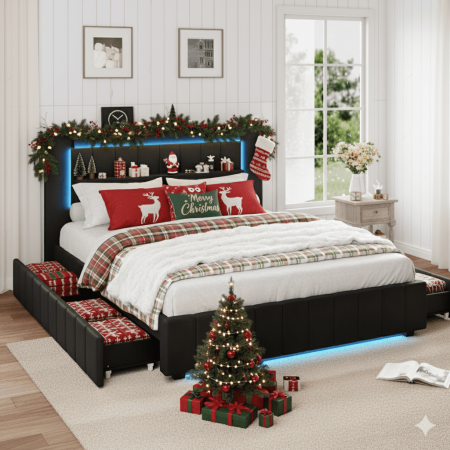 UHOMEPRO Queen Platform Bed Frame with 4 Drawers, LED Lights and Charging Station, Upholstered Bed Frame Queen Size with Vertical Channel and Rivet Decor Headboard, No Box Spring Needed, Black