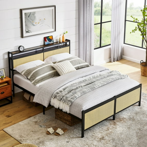 UHOMEPRO Queen Size Bed Frame with PE Rattan Weaving Headboard and Footboard, Metal Bed Frame with Storage Shelf, Headboard with Lamp and USB Charging Port, Black