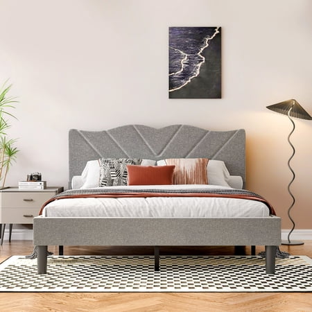UHOMEPRO Queen Size Bed Frame, Minimalist Platform Queen Bed Frame with Upholstered Headboard and Under-Bed Storage for Bedroom, No Box Spring Needed, Wooden Slats, Noise-Free, Gray