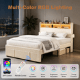 thumbnail image 1 of UHOMEPRO Queen Size Bed Frame with Storage Headboard, Upholstered Queen Bed Frame with Drawers, LED Lights, Charging Station, White Corduroy Platform Bed Frame, No Box Spring Needed, 1 of 7