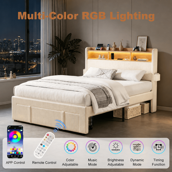 UHOMEPRO Queen Size Bed Frame with Storage Headboard, Upholstered Queen Bed Frame with Drawers, LED Lights, Charging Station, White Corduroy Platform Bed Frame, No Box Spring Needed