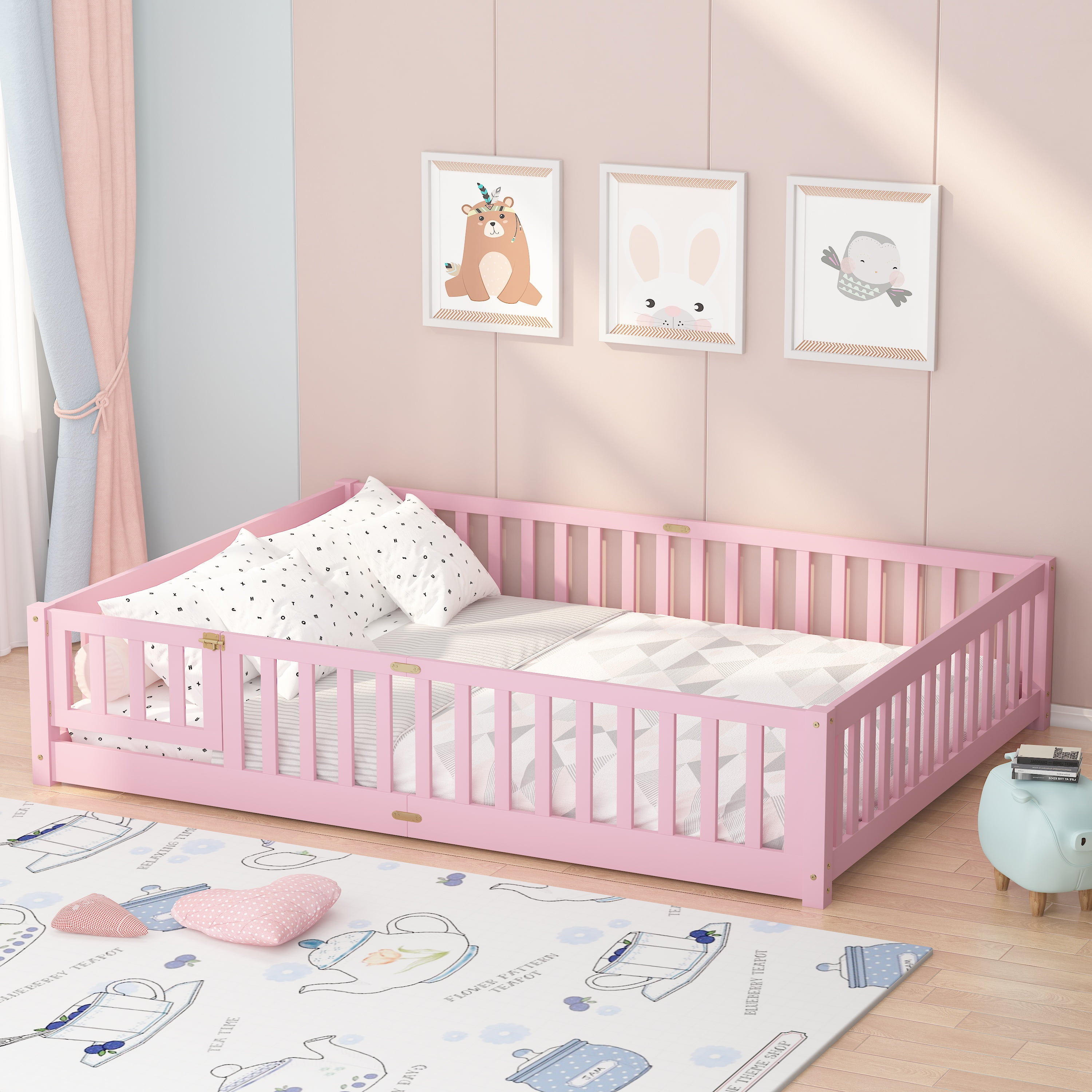 UHOMEPRO Queen Size Floor Bed with Door and Fence for Kids, Toddler Bed Montessori Floor Bed with Slats and Safety Guardrails, Solid Wood Queen Bed Frame for Girls Boys Kids Bedroom, Pink