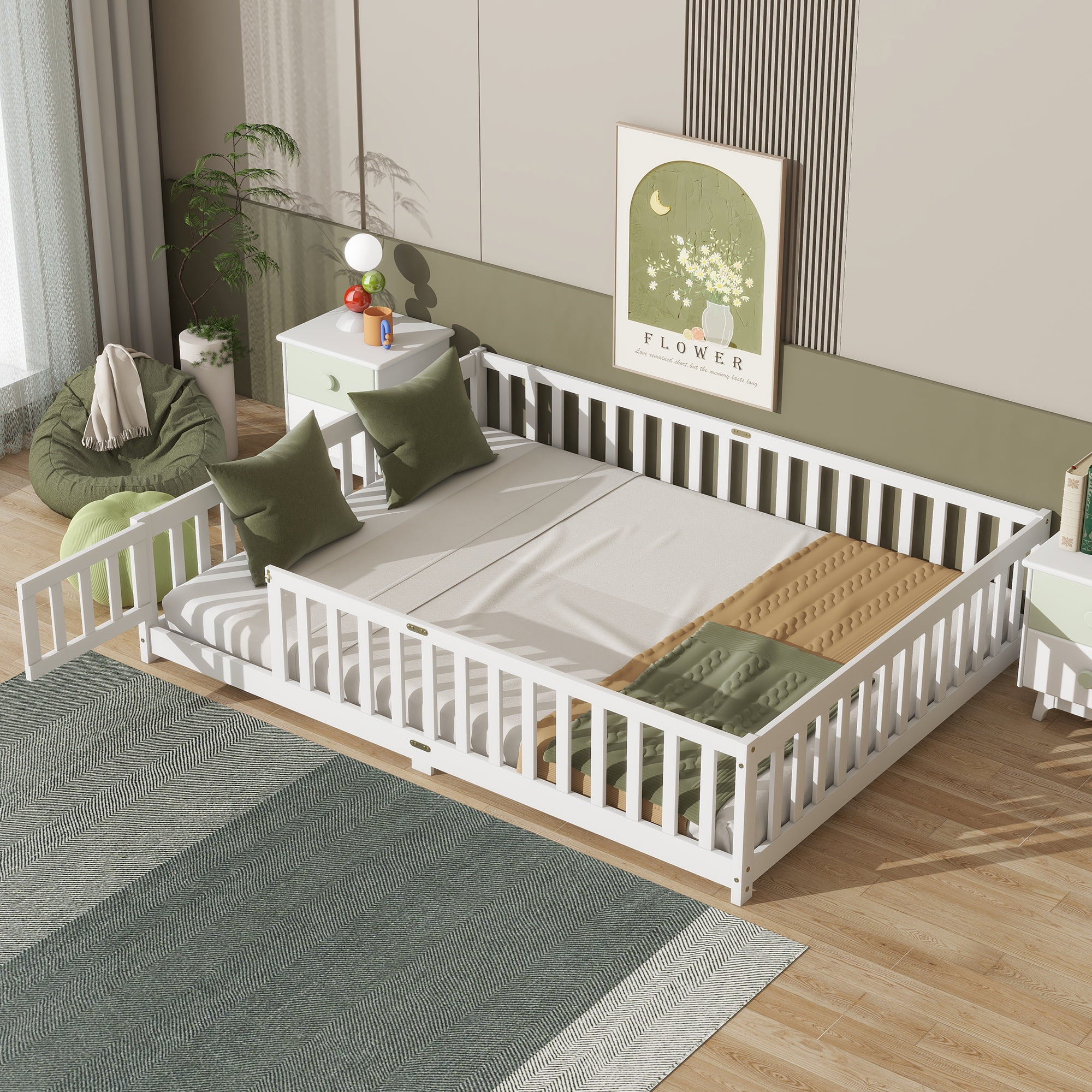 UHOMEPRO Queen Size Floor Bed with Door and Fence for Kids, Toddler Bed Montessori Floor Bed with Slats and Safety Guardrails, Solid Wood Queen Bed Frame for Girls Boys Kids Bedroom, White