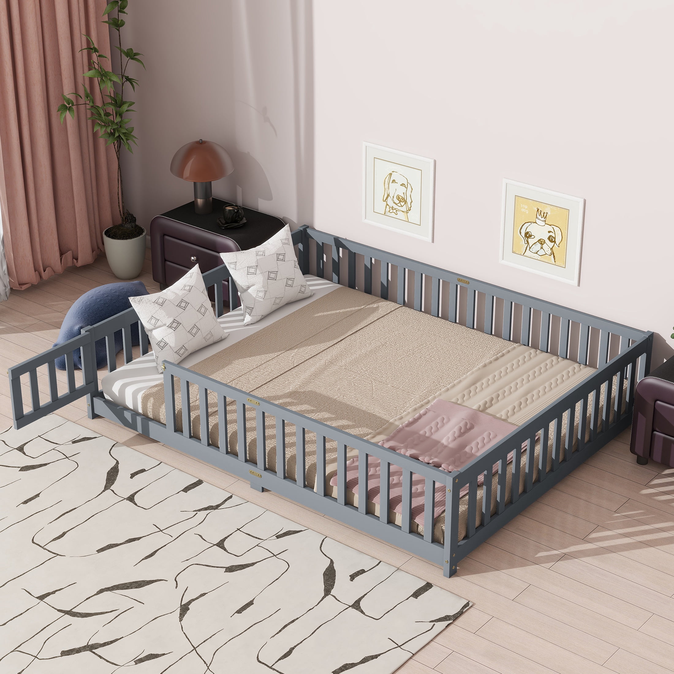 UHOMEPRO Queen Size Floor Bed with Door and Fence for Kids, Toddler Bed Montessori Floor Bed with Slats and Safety Guardrails, Solid Wood Queen Bed Frame for Girls Boys Kids Bedroom, Gray