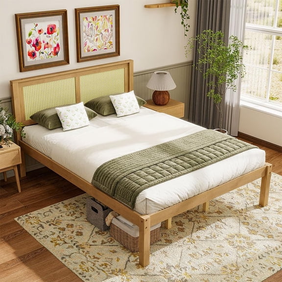 UHOMEPRO Queen Solid Wood Platform Bed with Rattan Headboard, Farmhouse Boho Bed Frame, Under Bed Storage, No Box Spring Needed, Natural Wood
